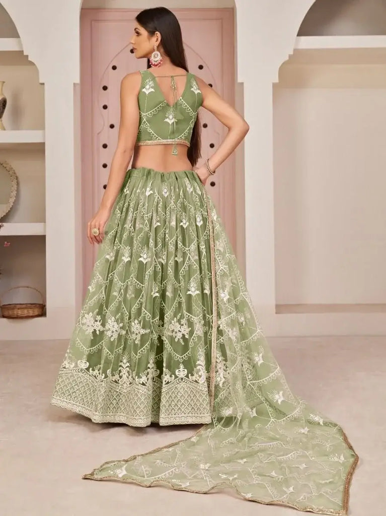 Amazing Green Thread Embroidered Net Lehenga Choli