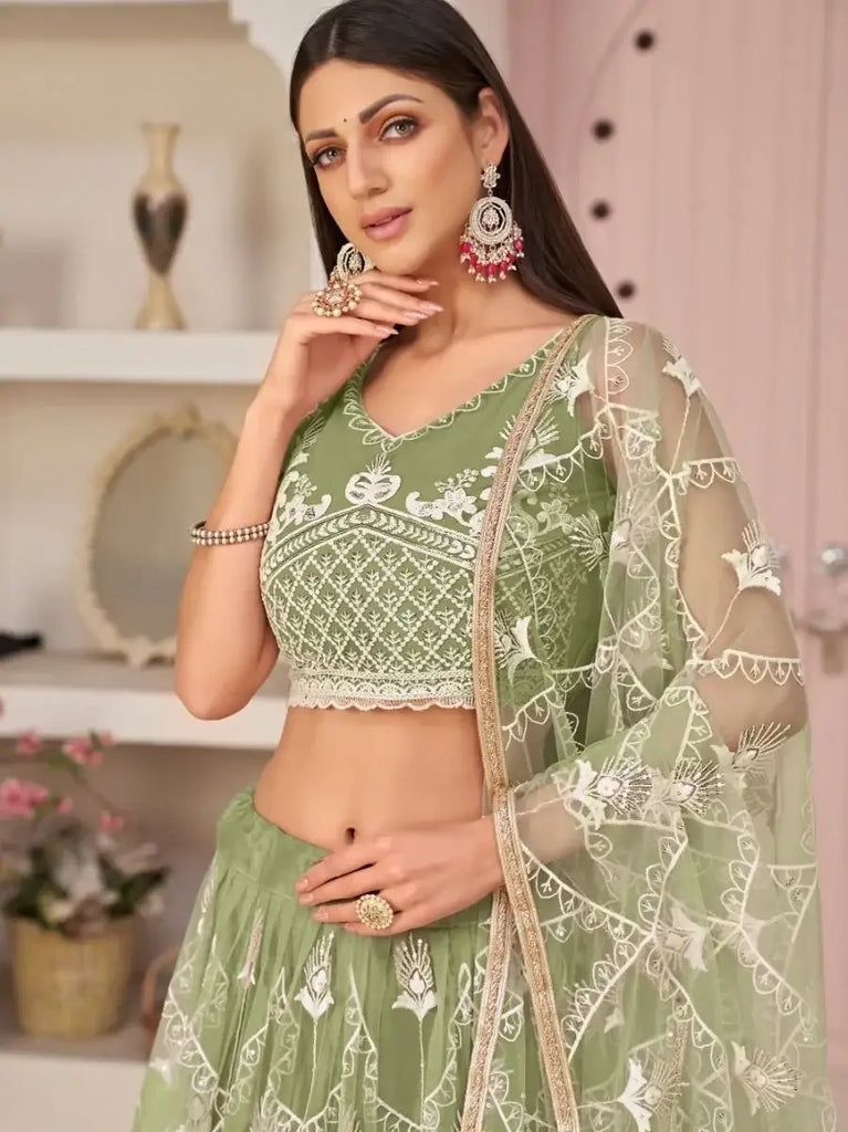 Amazing Green Thread Embroidered Net Lehenga Choli