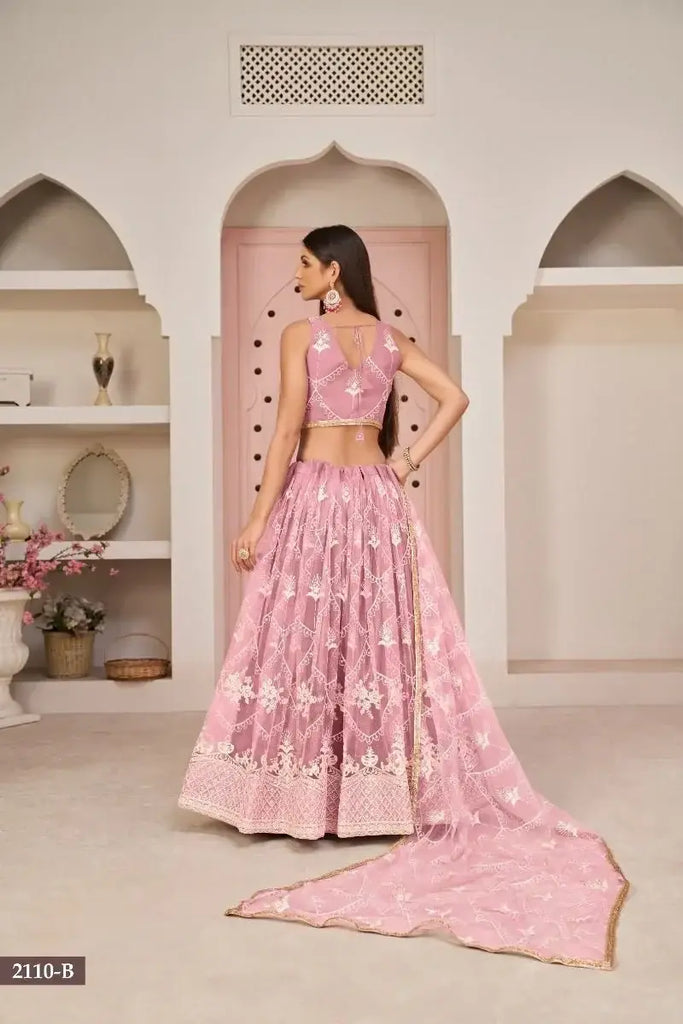 Beautiful Pink Thread Embroidered Net Lehenga Choli