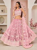 Beautiful Pink Thread Embroidered Net Lehenga Choli