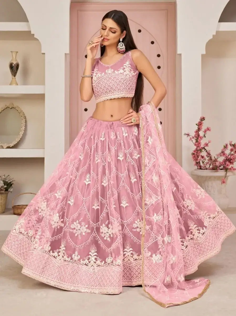 Beautiful Pink Thread Embroidered Net Lehenga Choli
