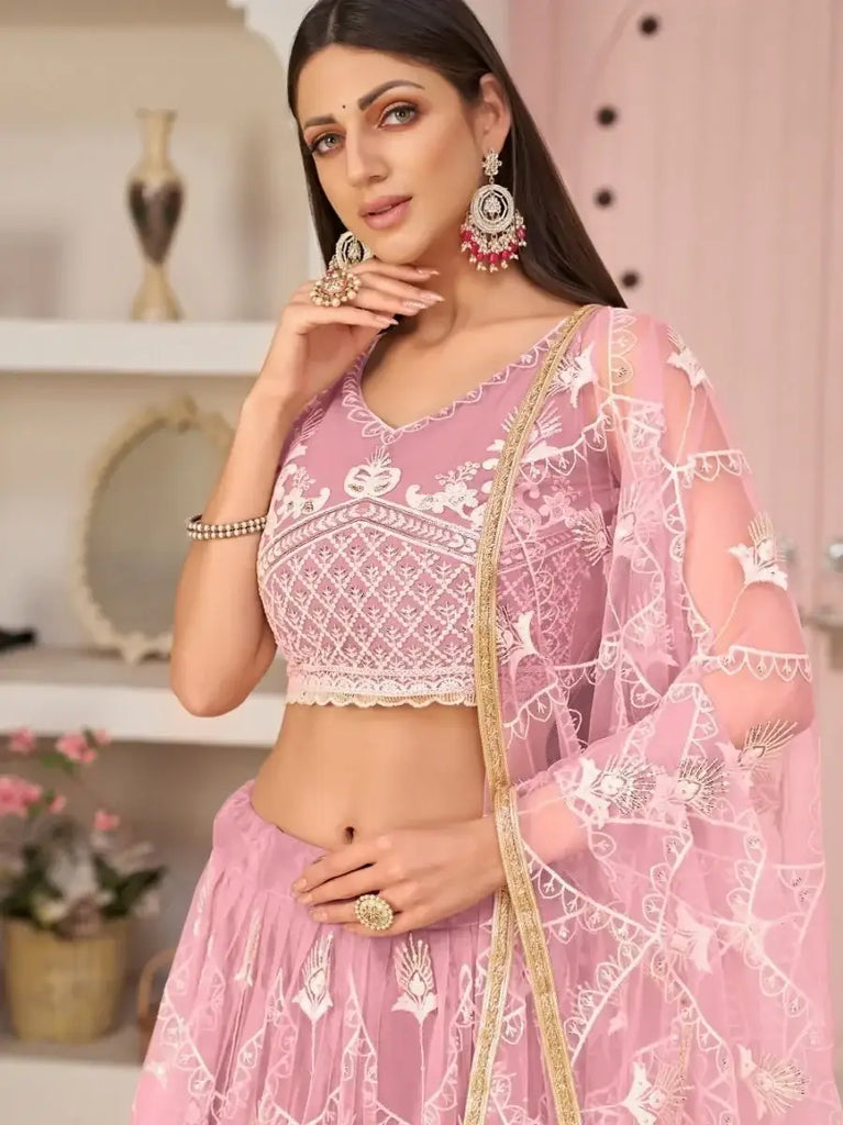Beautiful Pink Thread Embroidered Net Lehenga Choli