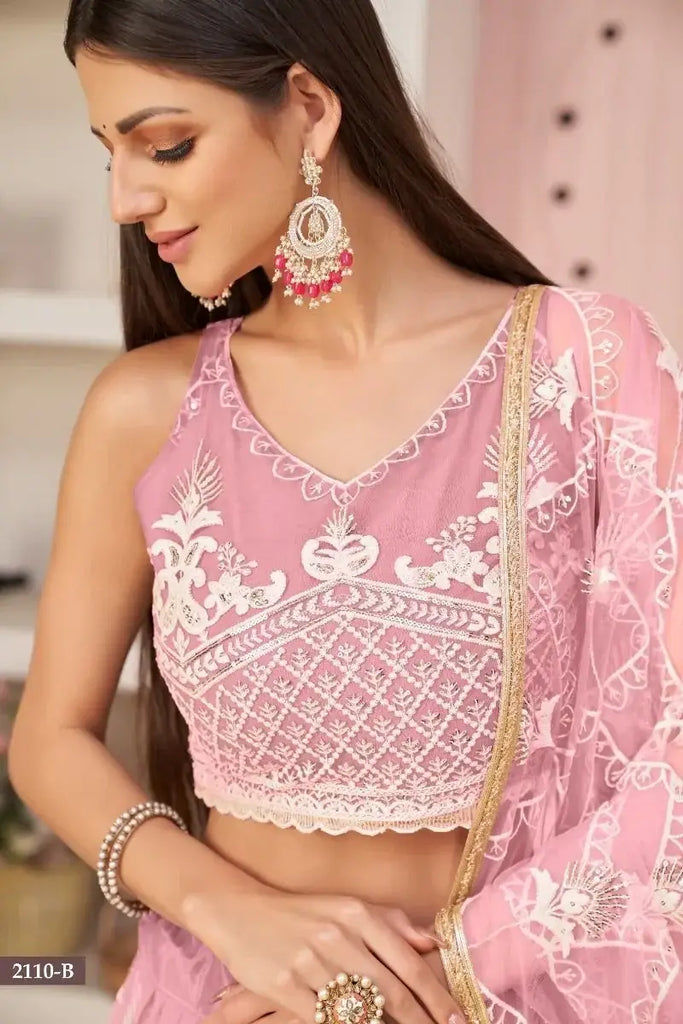 Beautiful Pink Thread Embroidered Net Lehenga Choli