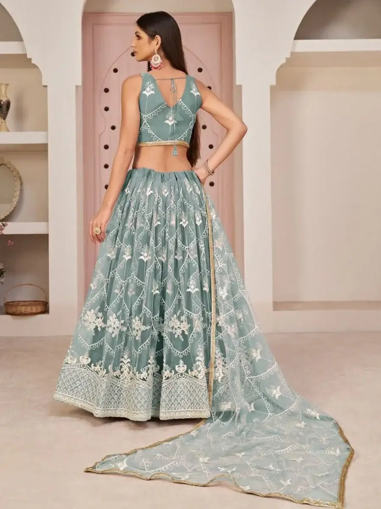Attractive Sea-Blue Thread Embroidered Net Lehenga Choli