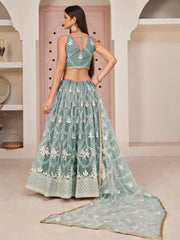Attractive Sea-Blue Thread Embroidered Net Lehenga Choli