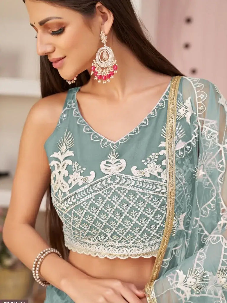 Attractive Sea-Blue Thread Embroidered Net Lehenga Choli