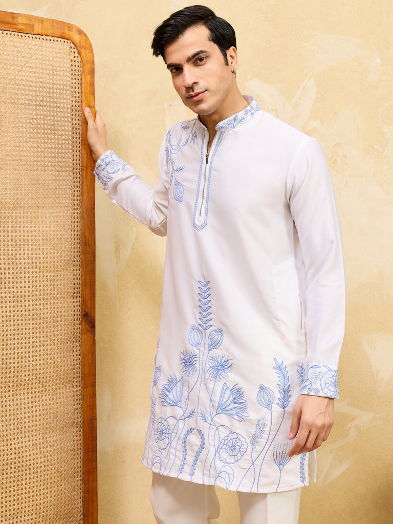 Charming White Thread Work Silk Festival Wear Men’s Kurta