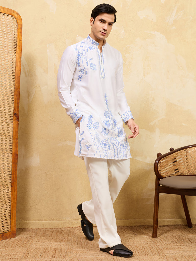 Charming White Thread Work Silk Festival Wear Men’s Kurta