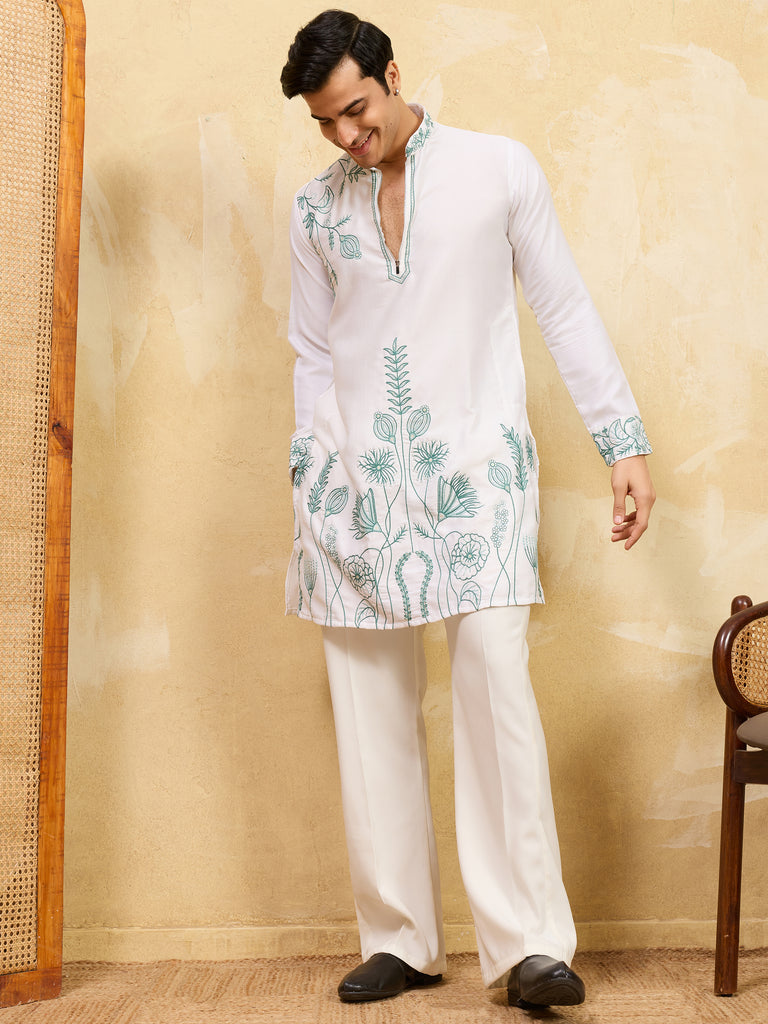 Mesmerizing White Thread Embroidered Silk Traditional Men’s Kurta
