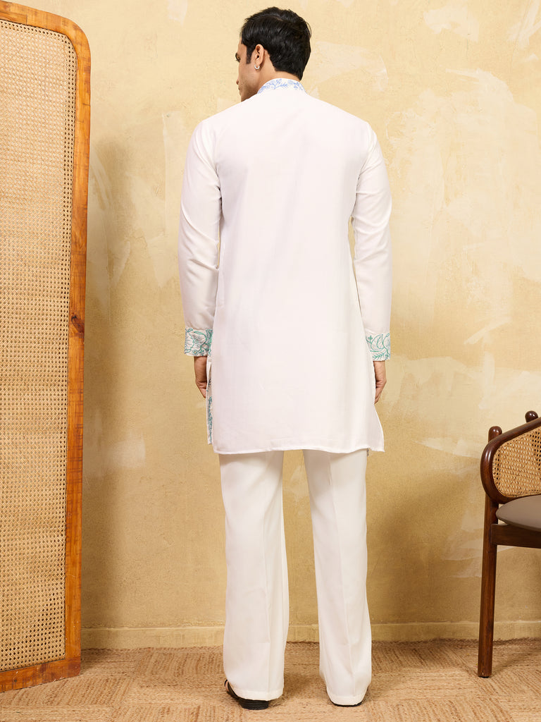 Mesmerizing White Thread Embroidered Silk Traditional Men’s Kurta