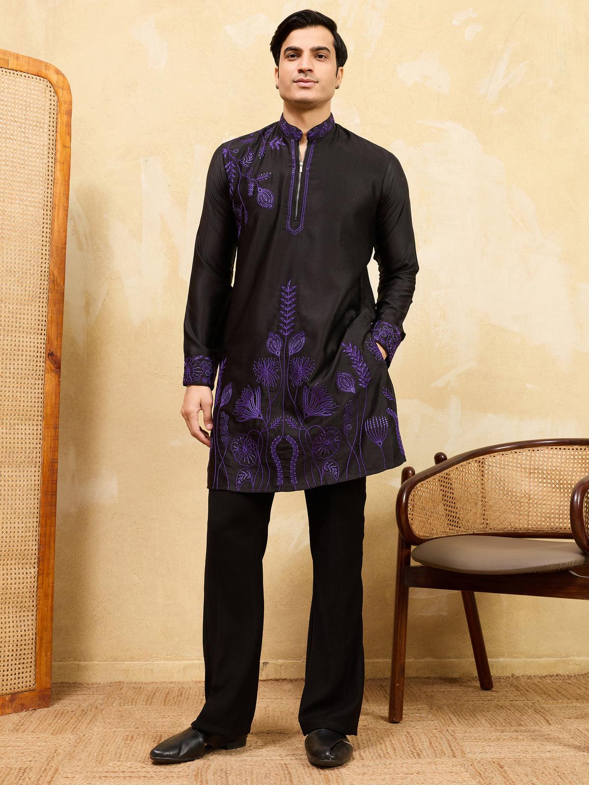 Alluring Black Thread Work Silk Wedding Wear Men’s Kurta