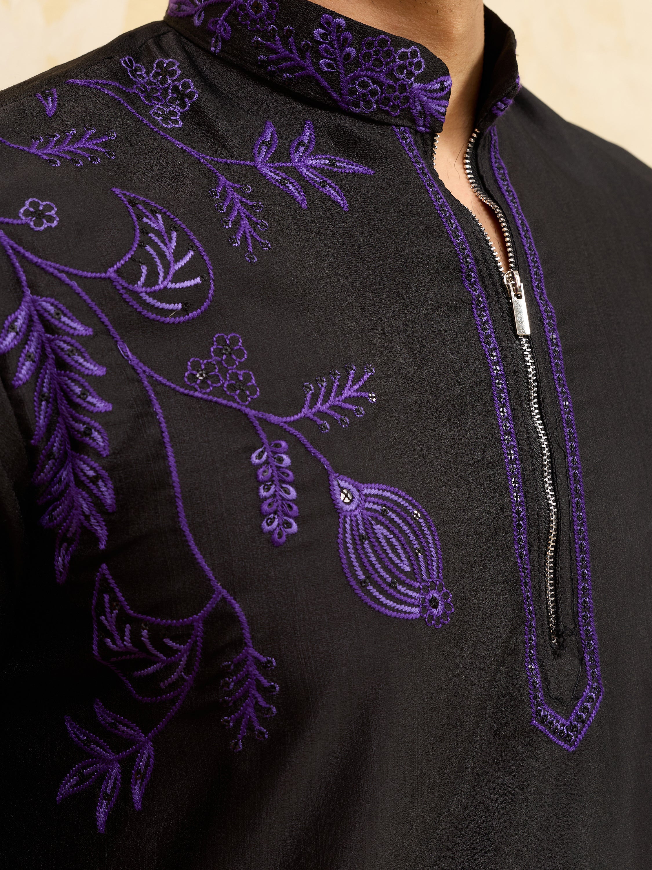 Alluring Black Thread Work Silk Wedding Wear Men’s Kurta