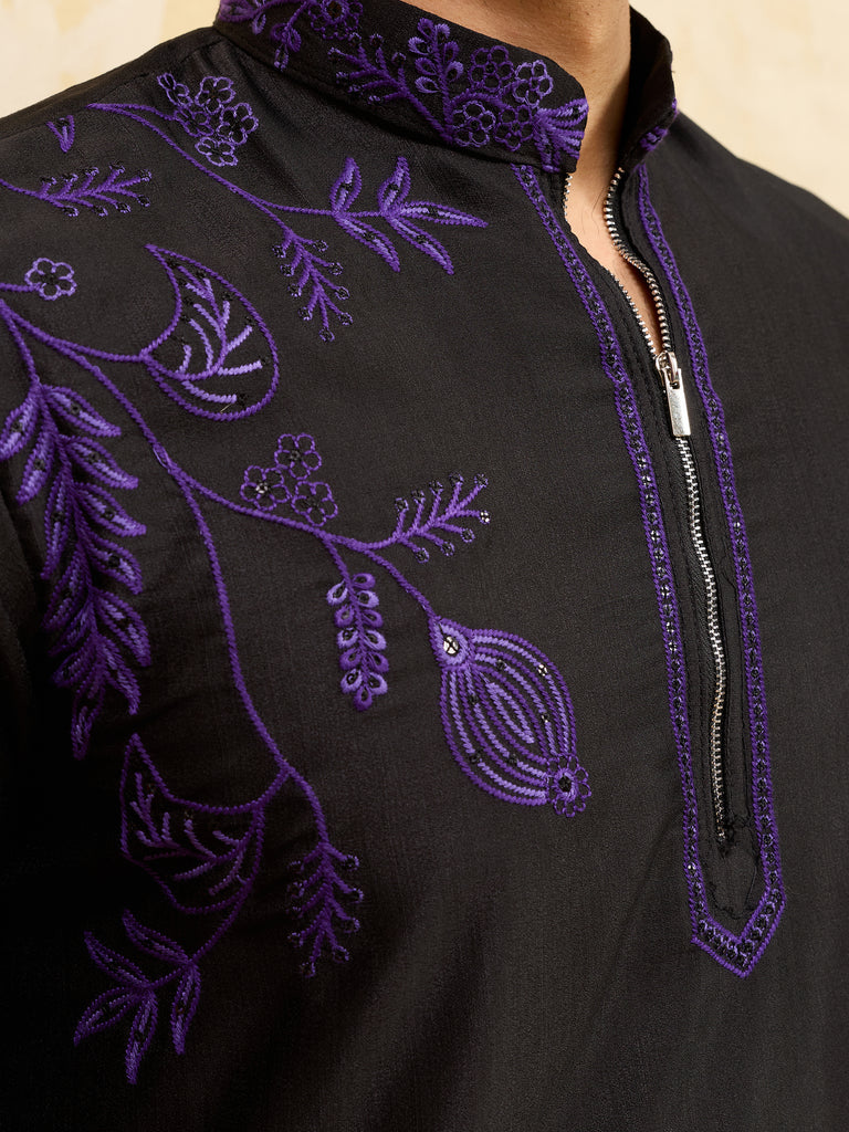 Alluring Black Thread Work Silk Wedding Wear Men’s Kurta