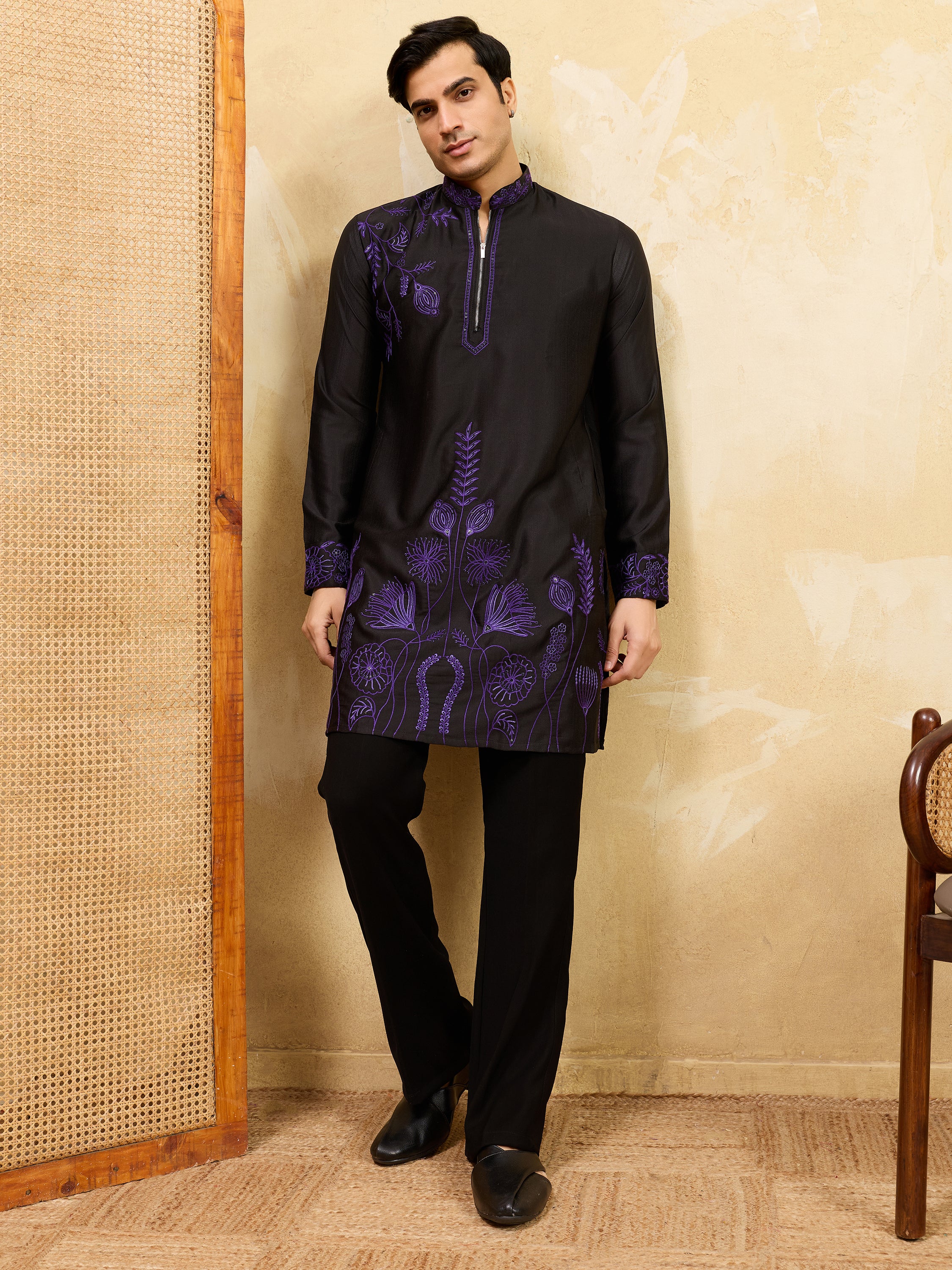 Alluring Black Thread Work Silk Wedding Wear Men’s Kurta