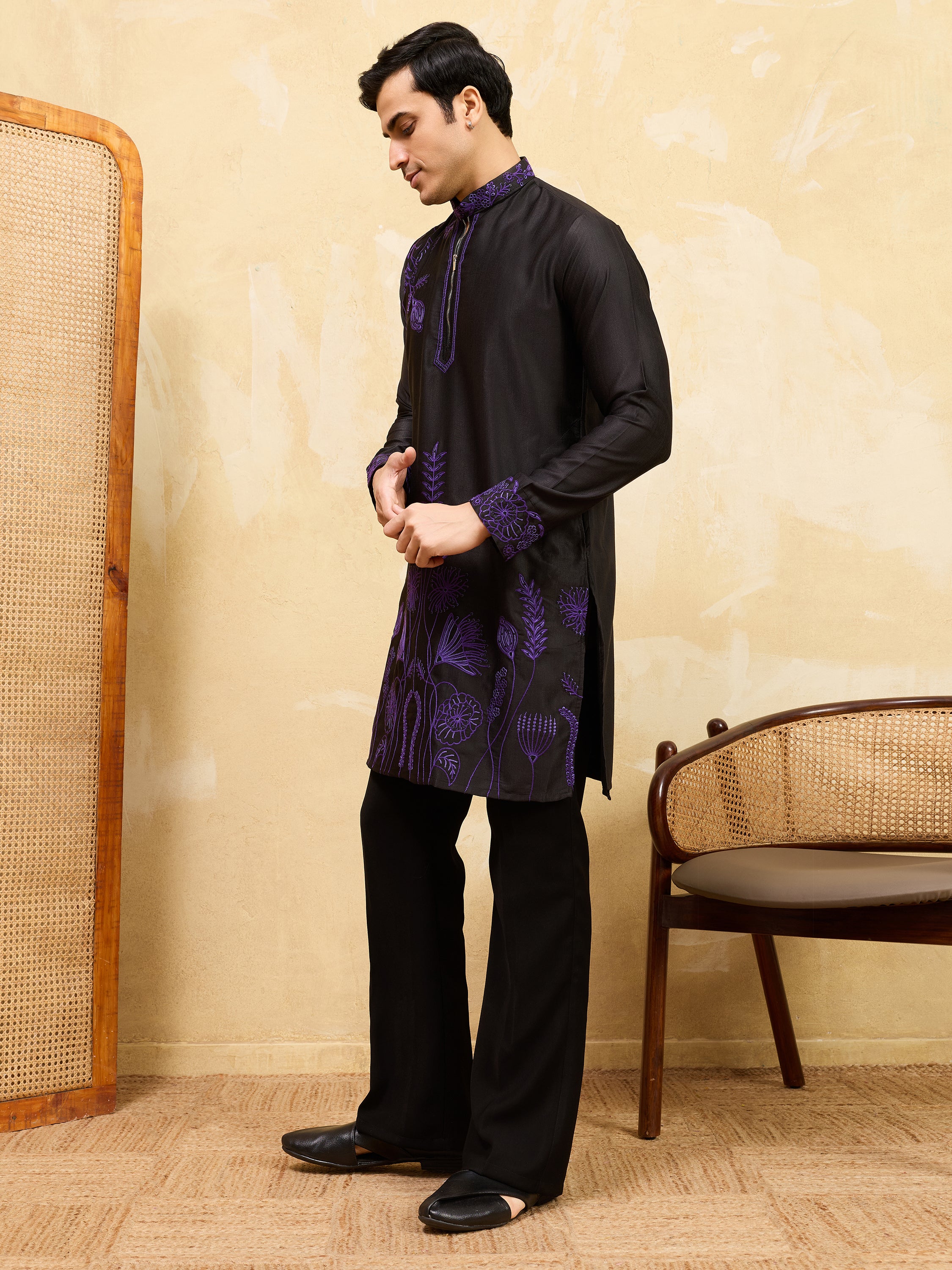 Alluring Black Thread Work Silk Wedding Wear Men’s Kurta