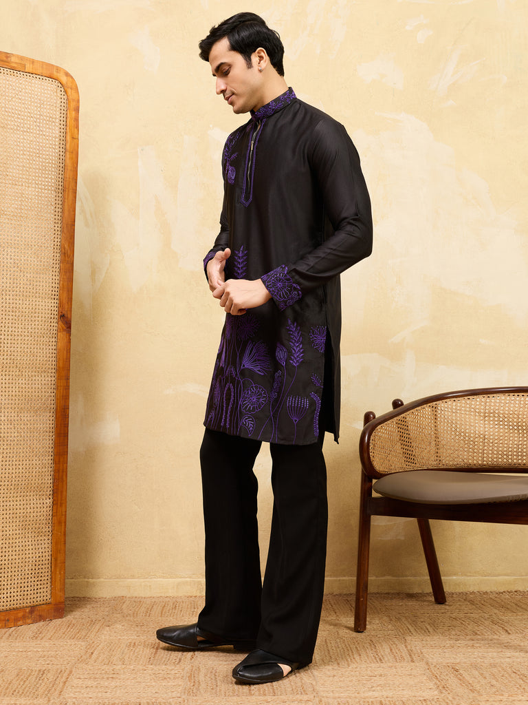 Alluring Black Thread Work Silk Wedding Wear Men’s Kurta