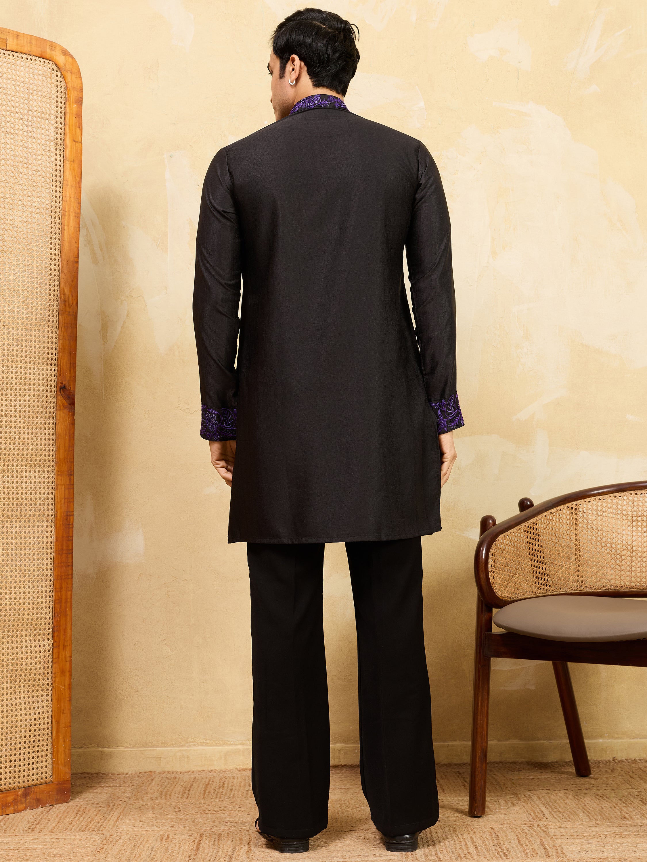 Alluring Black Thread Work Silk Wedding Wear Men’s Kurta