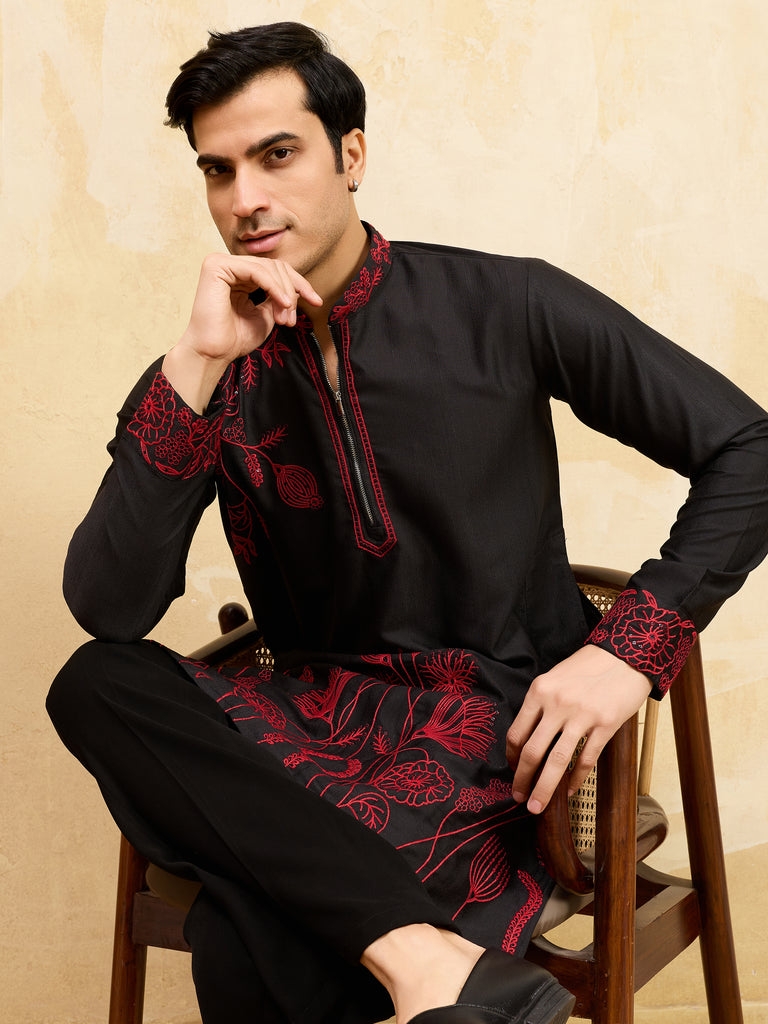 Dazzling Black Thread Embroidered Silk Eid Special Men’s Kurta