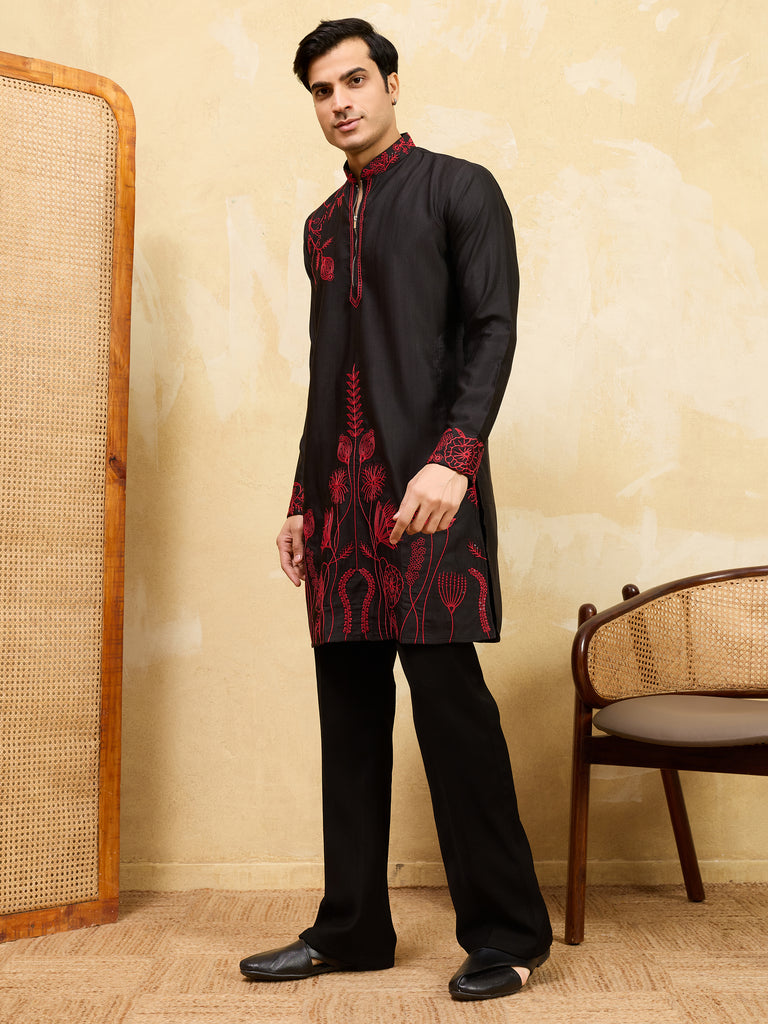 Dazzling Black Thread Embroidered Silk Eid Special Men’s Kurta