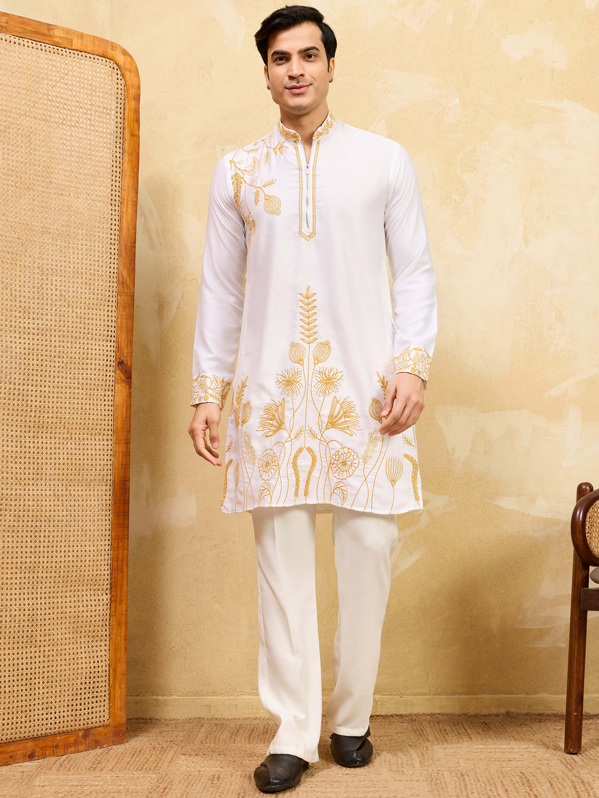 Adorning White Thread Work Silk Festival Wear Men’s Kurta