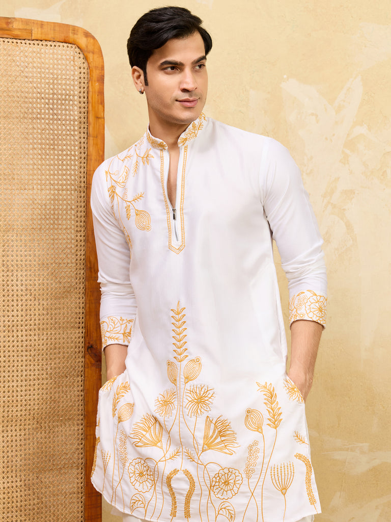 Adorning White Thread Work Silk Festival Wear Men’s Kurta
