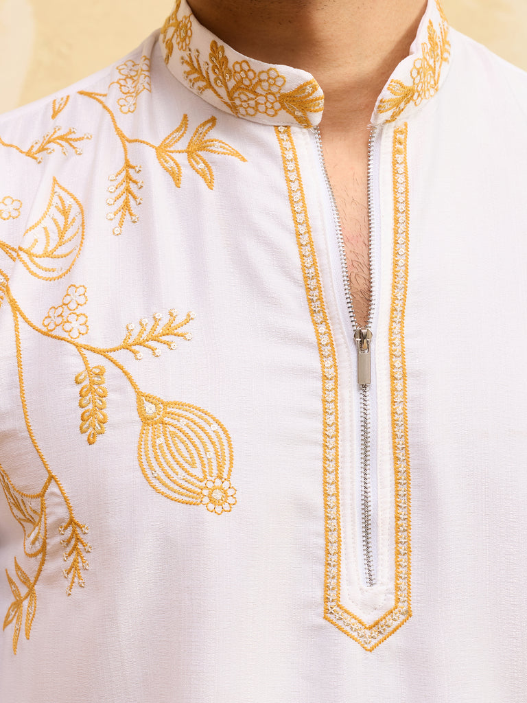 Adorning White Thread Work Silk Festival Wear Men’s Kurta