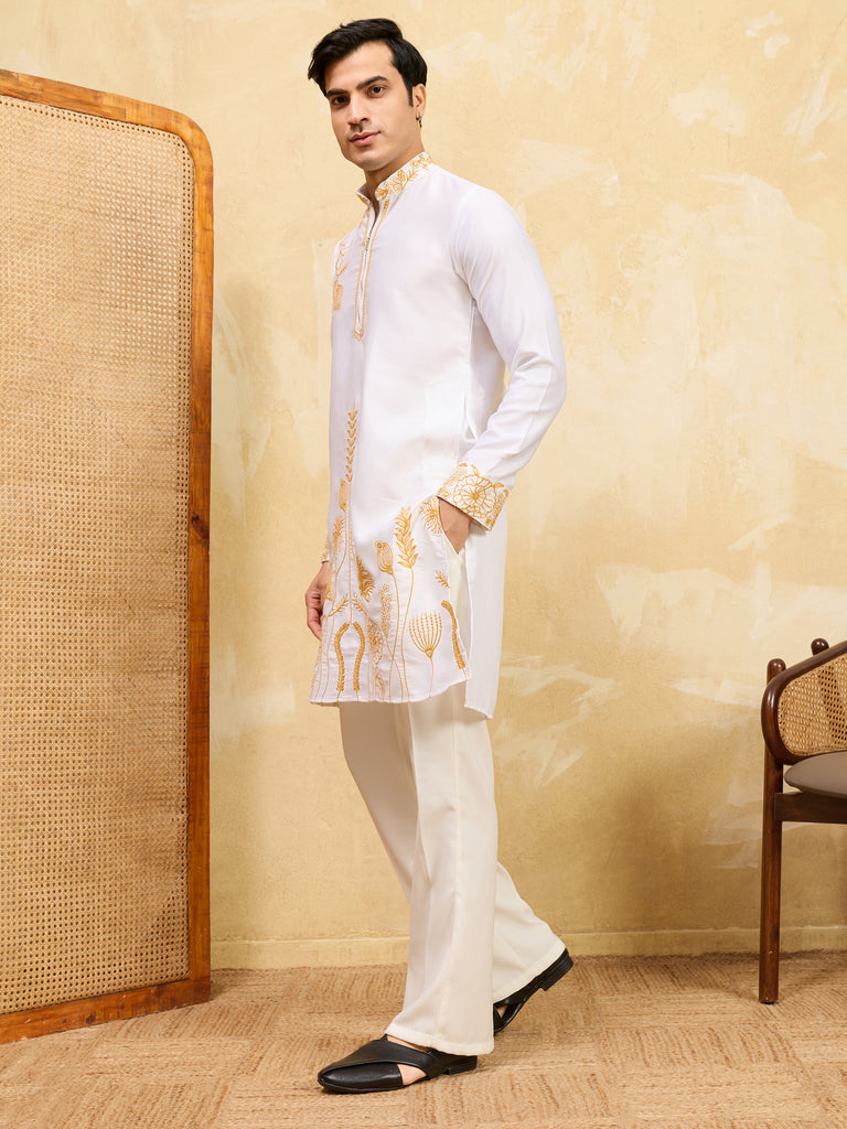 Adorning White Thread Work Silk Festival Wear Men’s Kurta