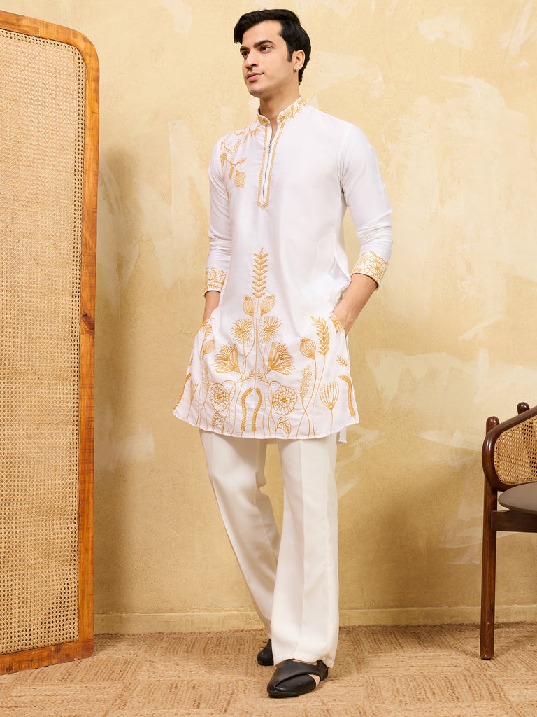 Adorning White Thread Work Silk Festival Wear Men’s Kurta