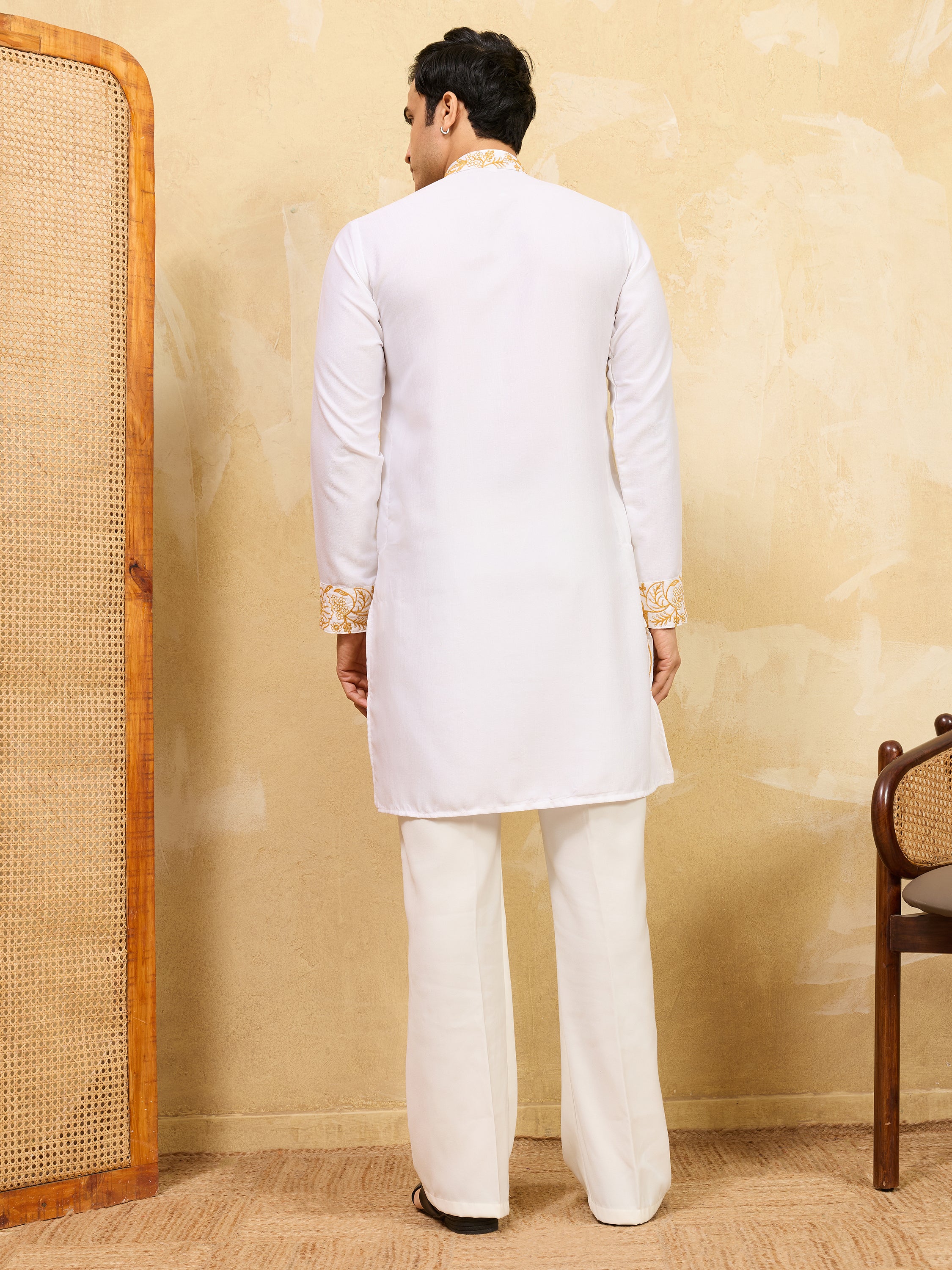 Adorning White Thread Work Silk Festival Wear Men’s Kurta