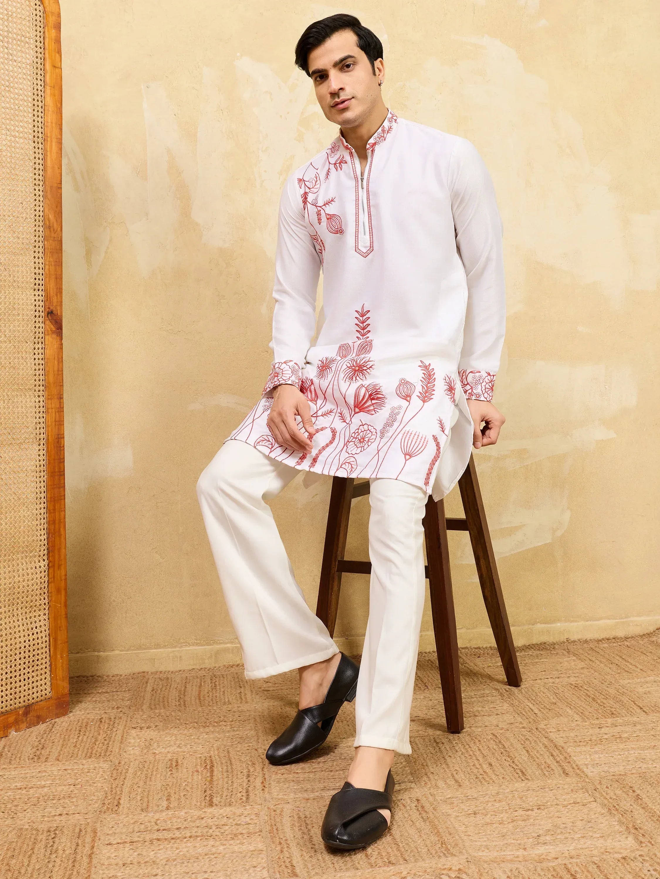 Incredible White Thread Embroidered Silk Function Wear Men’s Kurta