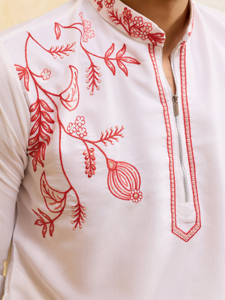 Incredible White Thread Embroidered Silk Function Wear Men’s Kurta