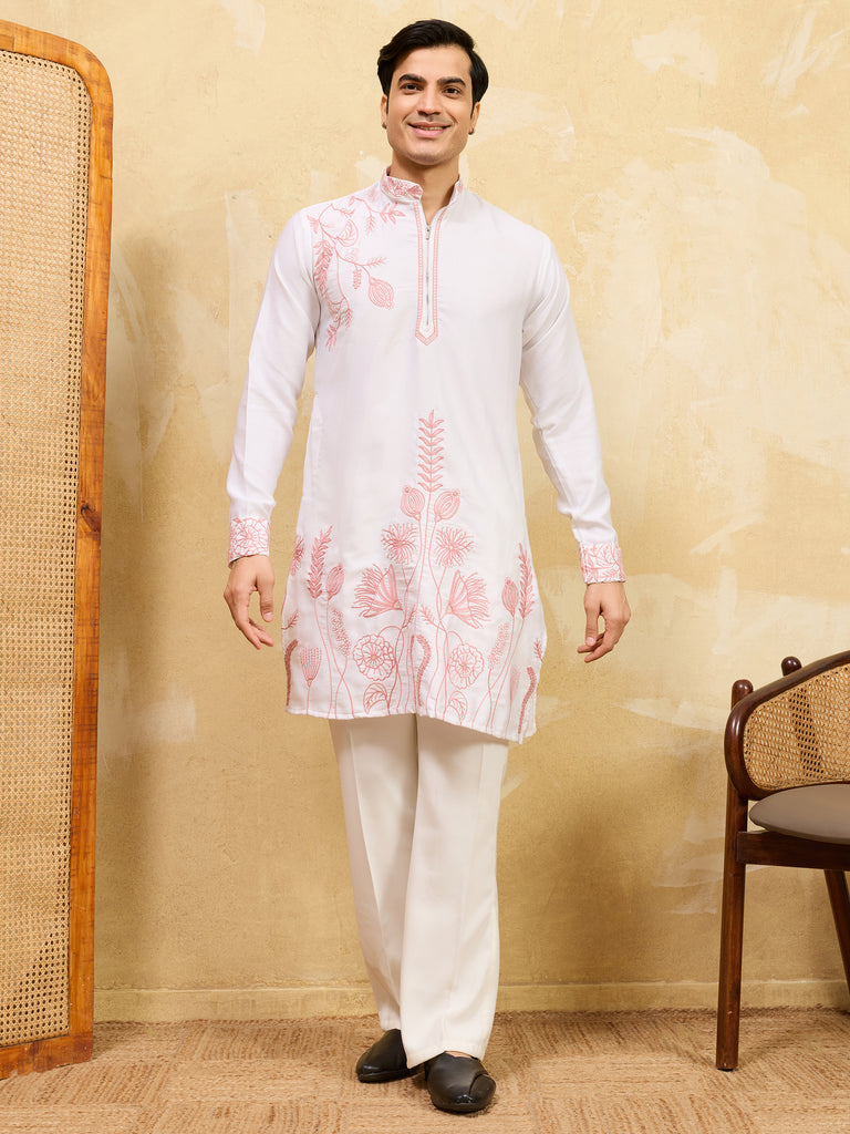 Elegant White Thread Work Silk Wedding Wear Men’s Kurta
