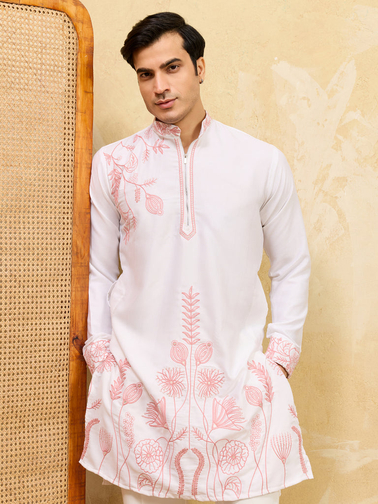 Elegant White Thread Work Silk Wedding Wear Men’s Kurta