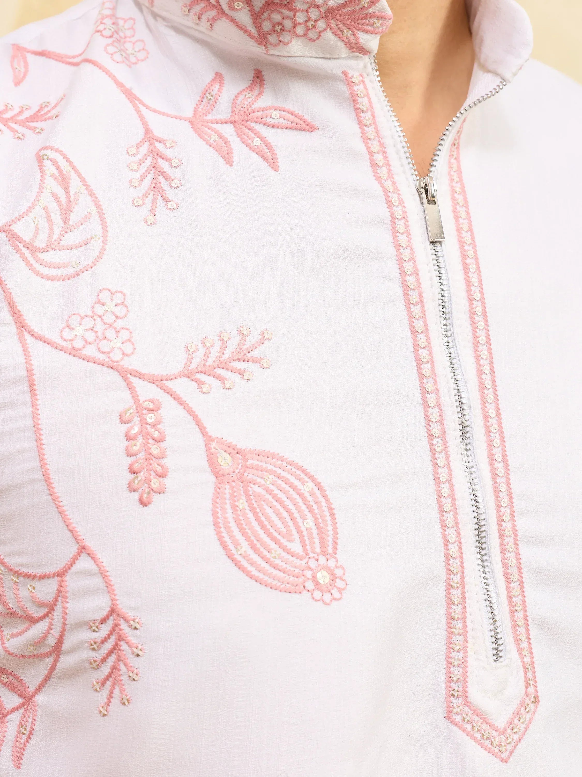Elegant White Thread Work Silk Wedding Wear Men’s Kurta