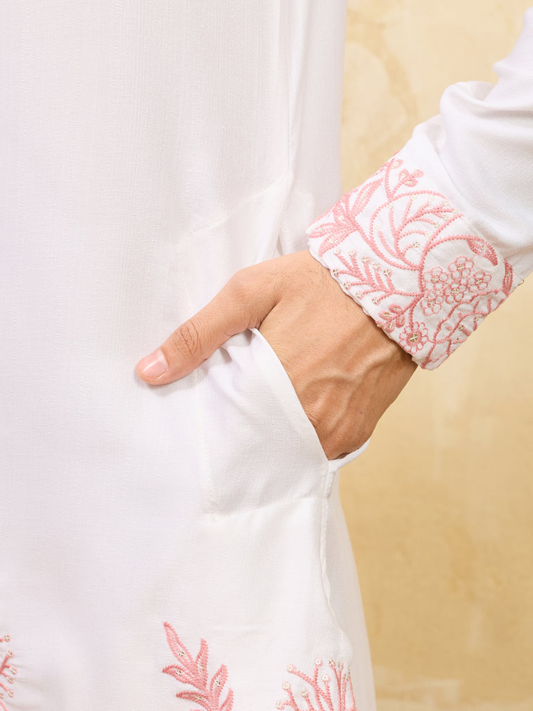 Elegant White Thread Work Silk Wedding Wear Men’s Kurta