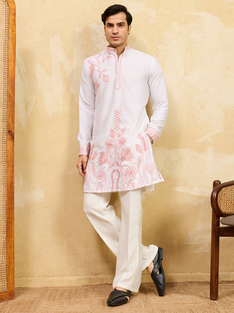 Elegant White Thread Work Silk Wedding Wear Men’s Kurta
