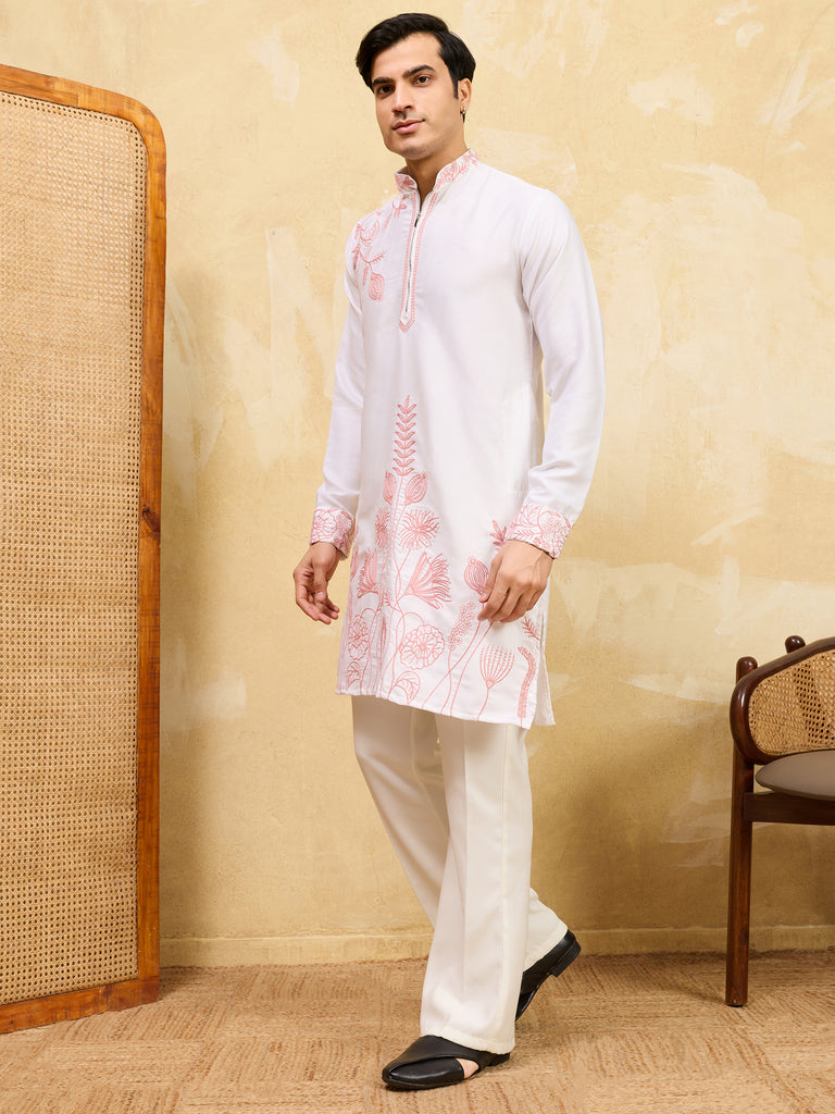 Elegant White Thread Work Silk Wedding Wear Men’s Kurta