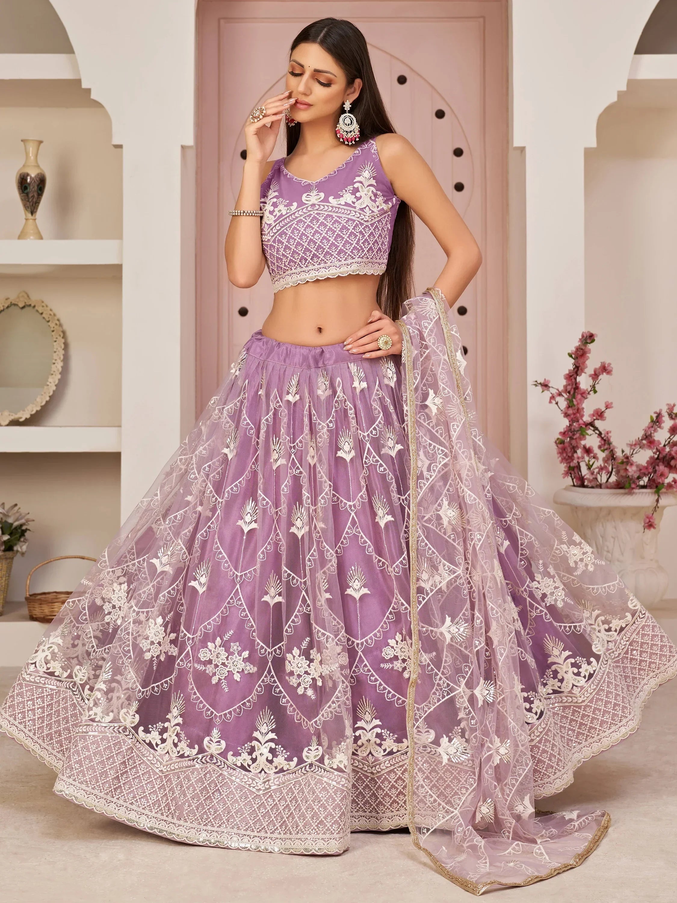 Excellent Purple Thread Embroidered Net Festive Wear Lehenga Choli