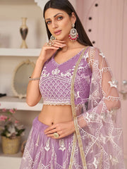 Excellent Purple Thread Embroidered Net Festive Wear Lehenga Choli