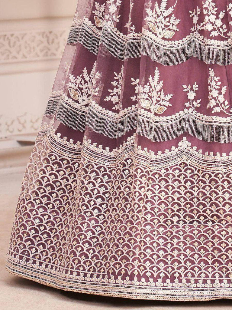 Fabulous Dark Onion Butterfly Net Cotton Thread Reception Wear Lehenga