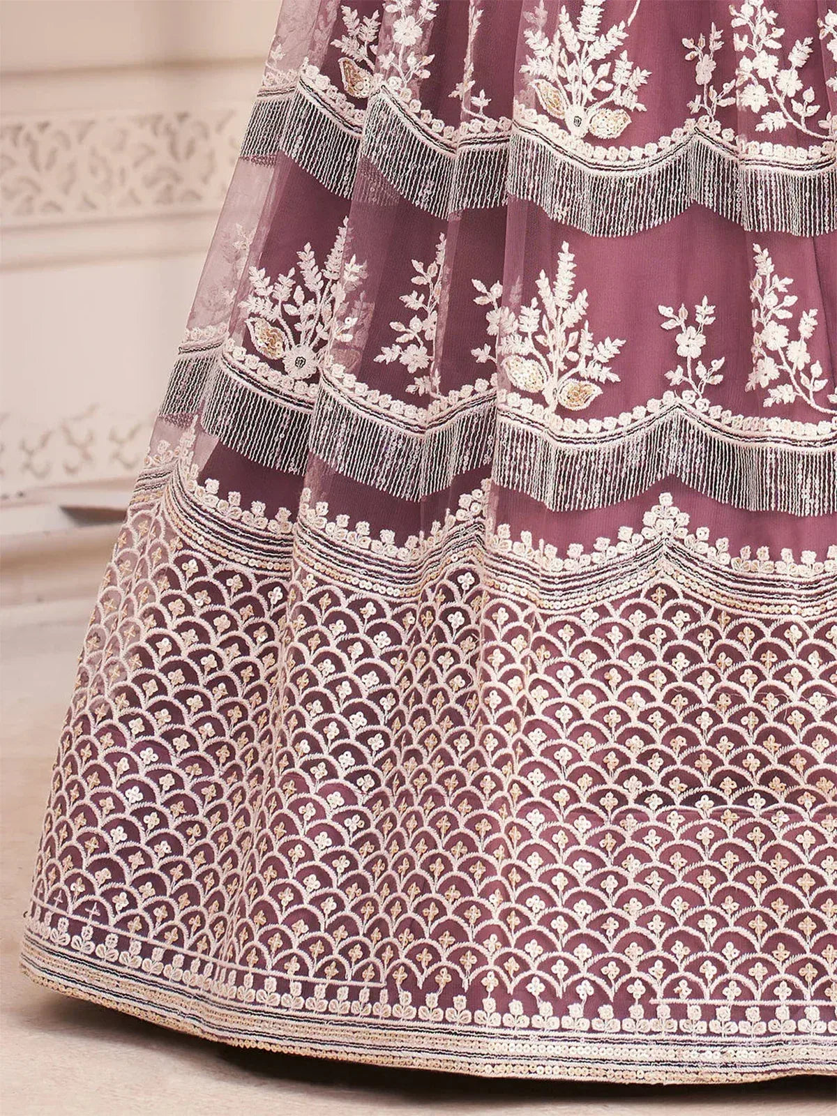 Fabulous Dark Onion Butterfly Net Cotton Thread Reception Wear Lehenga