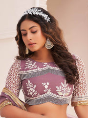 Fabulous Dark Onion Butterfly Net Cotton Thread Reception Wear Lehenga