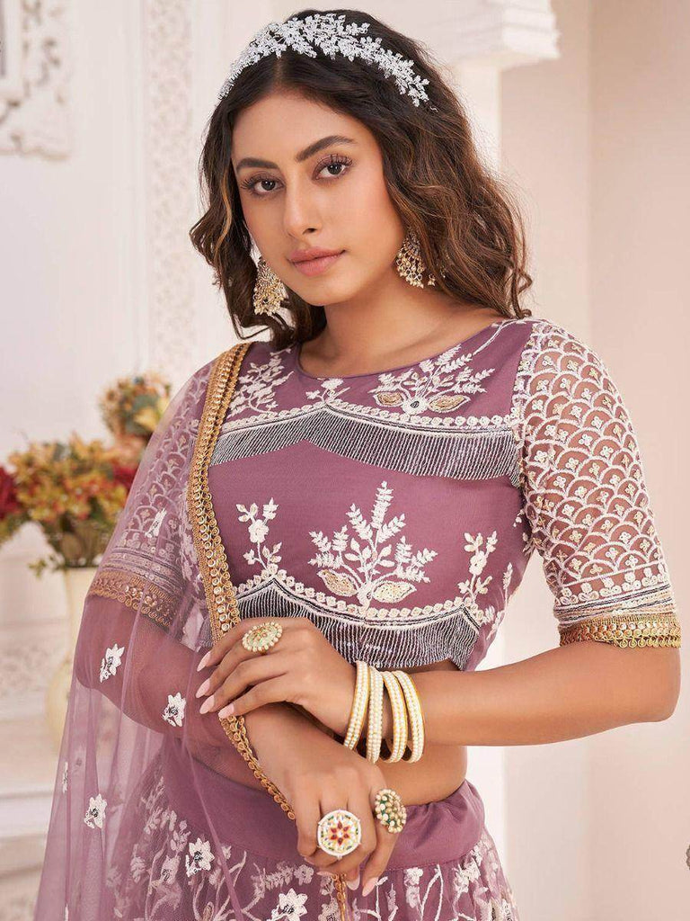 Fabulous Dark Onion Butterfly Net Cotton Thread Reception Wear Lehenga