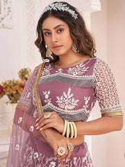 Fabulous Dark Onion Butterfly Net Cotton Thread Reception Wear Lehenga