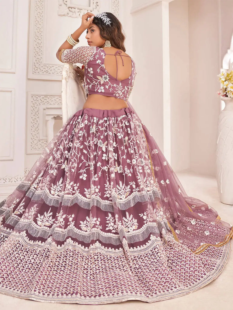 Fabulous Dark Onion Butterfly Net Cotton Thread Reception Wear Lehenga