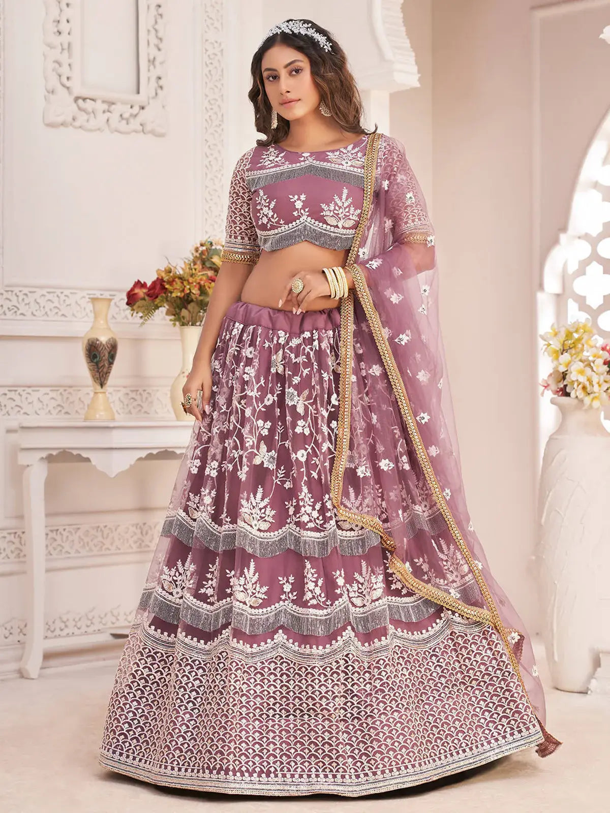 Fabulous Dark Onion Butterfly Net Cotton Thread Reception Wear Lehenga
