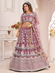 Fabulous Dark Onion Butterfly Net Cotton Thread Reception Wear Lehenga