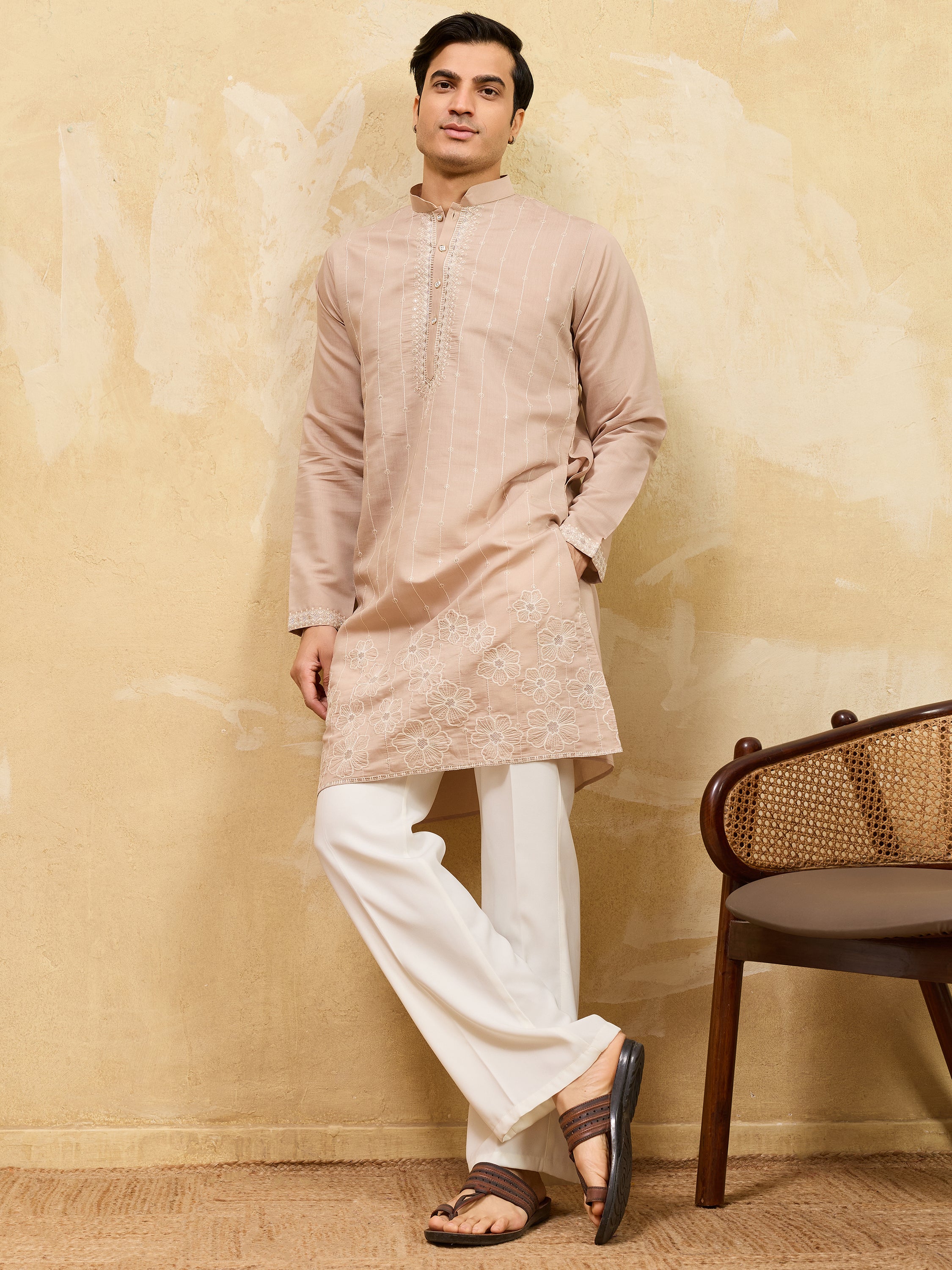 Beautiful Beige Thread Embroidered Silk Traditional Men’s Kurta