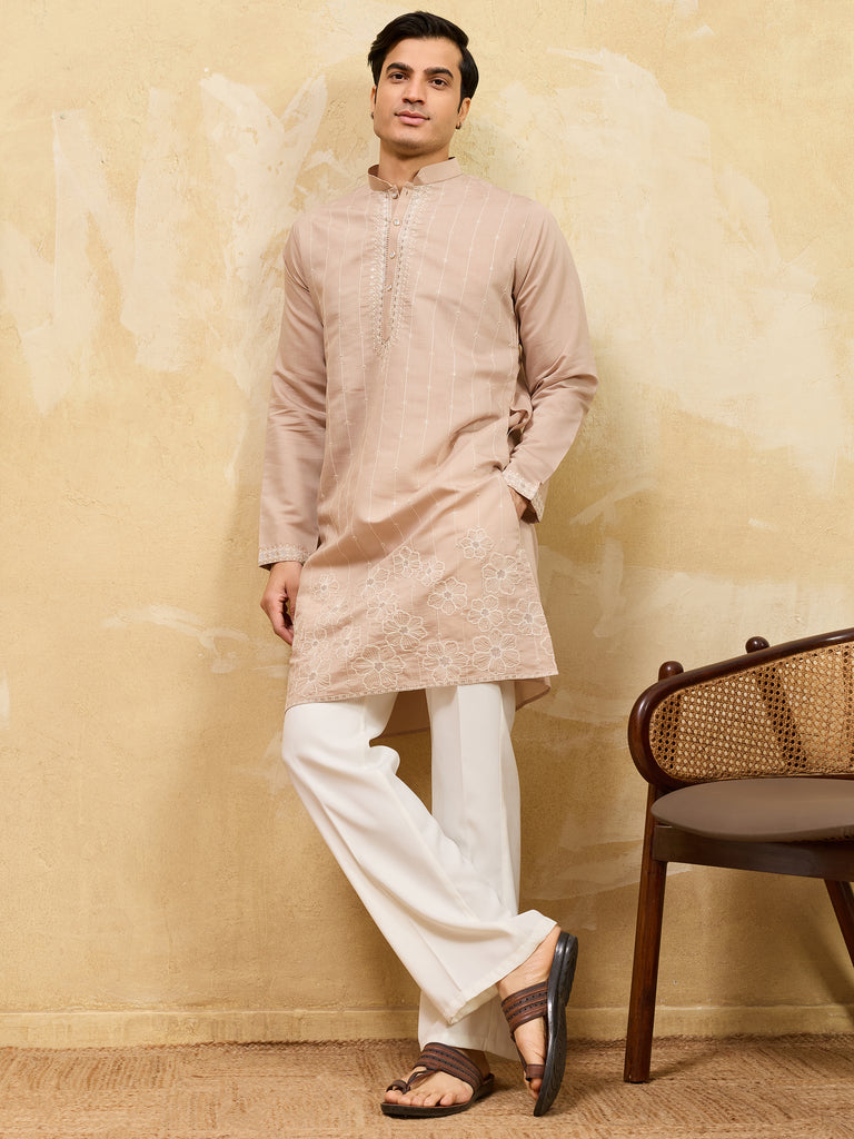 Beautiful Beige Thread Embroidered Silk Traditional Men’s Kurta
