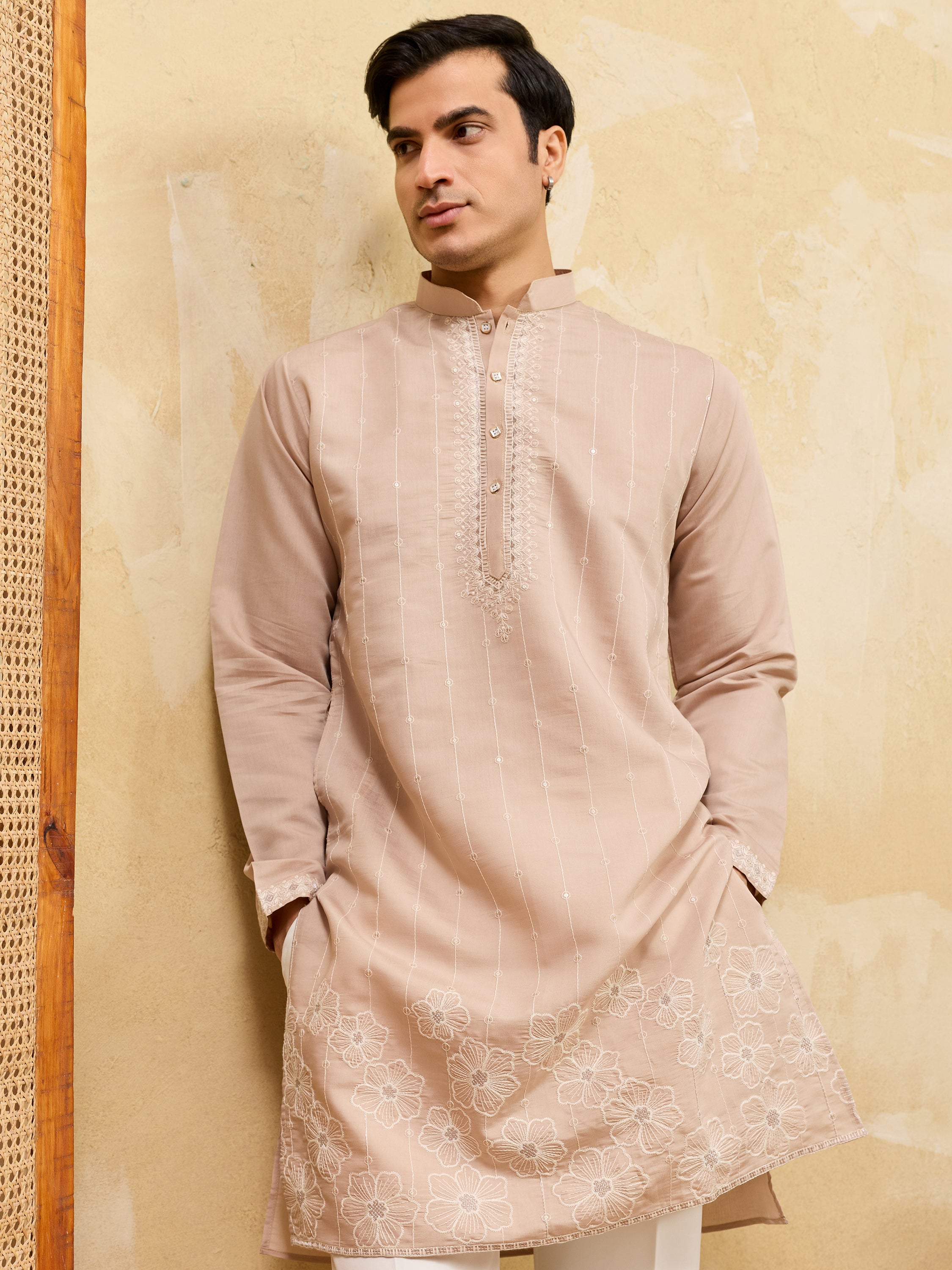 Beautiful Beige Thread Embroidered Silk Traditional Men’s Kurta